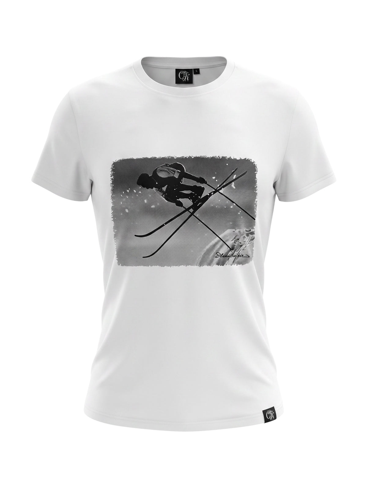 Edition Heimhuber T-Shirt in Weiß mit schwarzem Skifahrer-Print und Rundhalsausschnitt aus weichem Baumwollmaterial